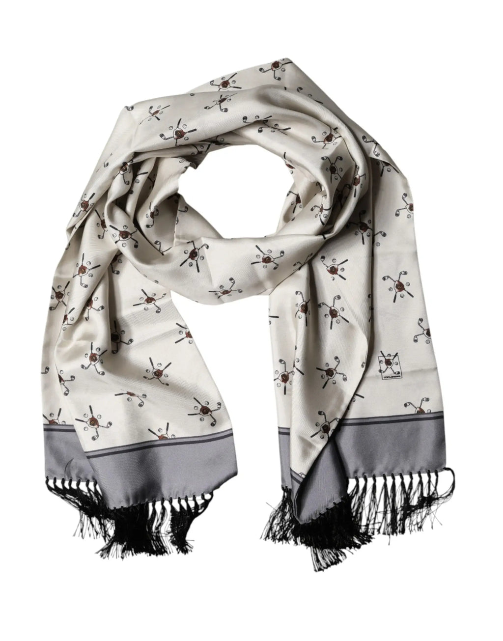 Écharpe foulard dolce & gabbana pour homme en soie crème avec motifs abstraits noirs et rouges et franges noires