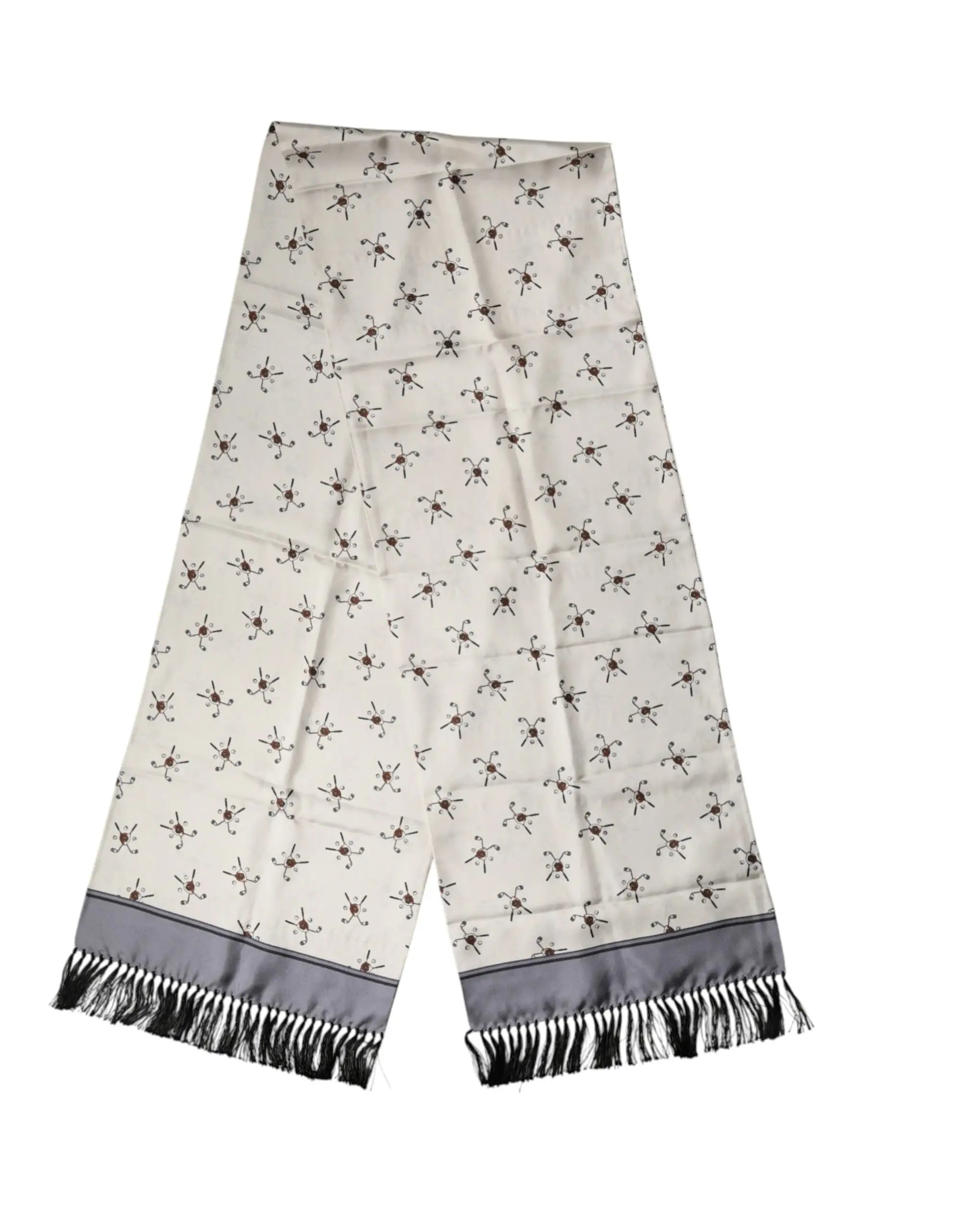 Foulard en soie crème dolce & gabbana avec motifs crânes noirs, bandes satin grises et franges noires, 183cm x 33cm