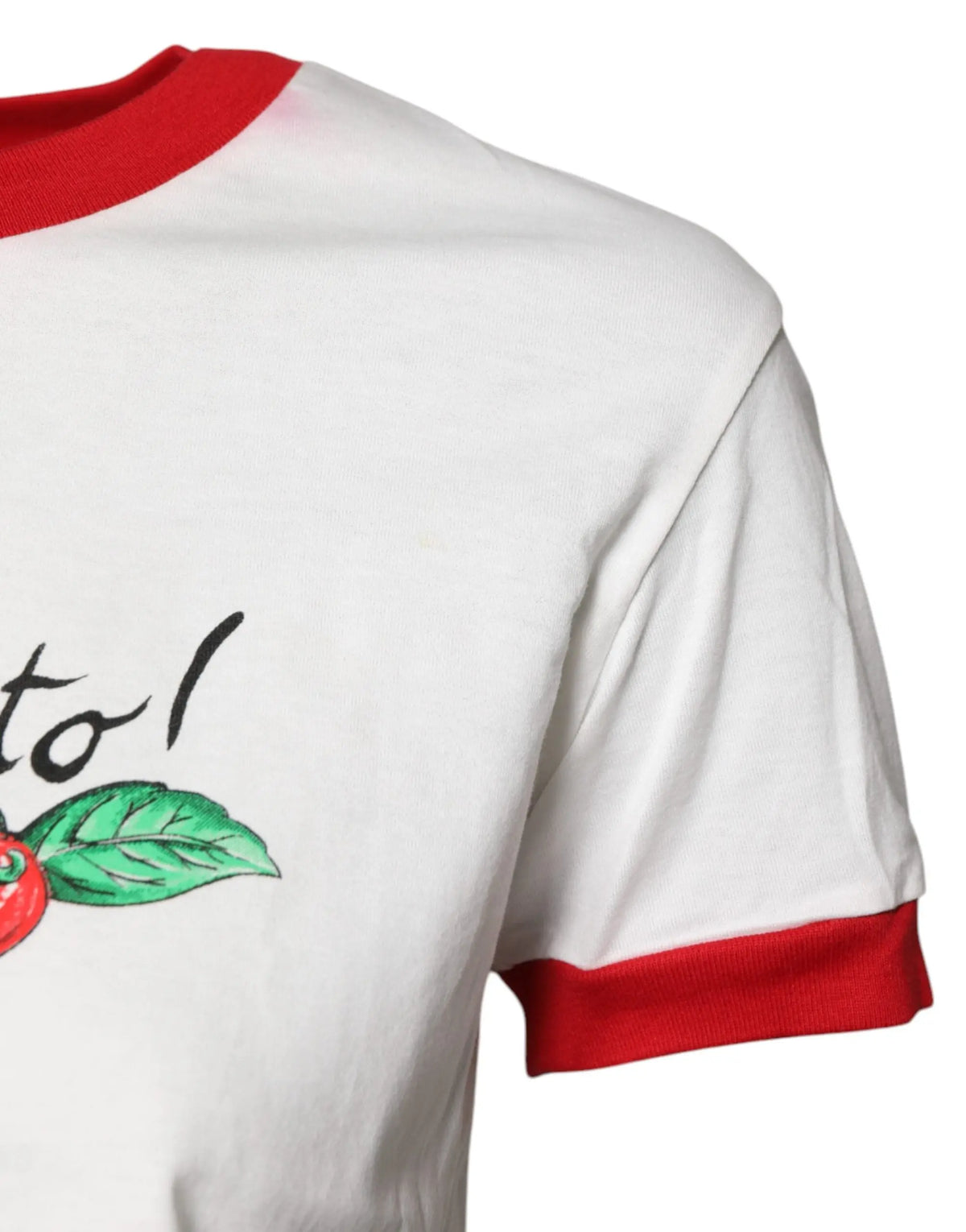 Dolce & gabbana white printed cropped round neck tee with red trim and tomato graphic with green leaves