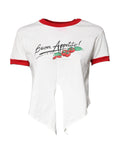 White cropped Dolce & Gabbana round neck tee with red trim and buon appetito tomatoes graphic print