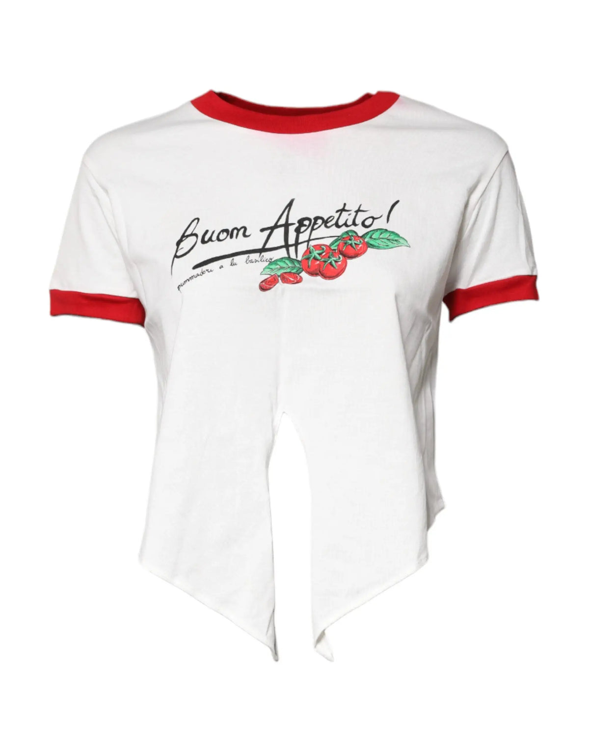 Dolce & gabbana white cropped ringer tee with red trim and buon appetito graphic featuring tomatoes