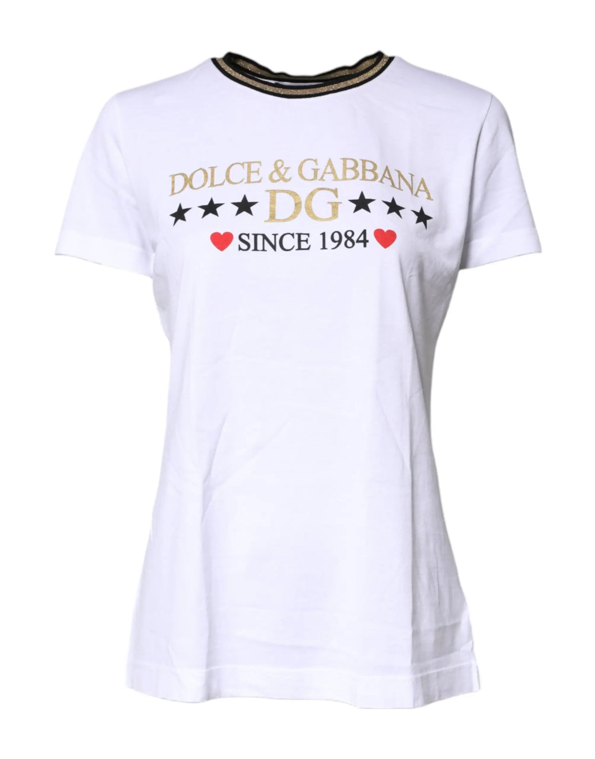 T-shirt coton dolce & gabbana blanc avec motifs étoiles dorés et noirs et coeurs rouges au dessus du texte since 1984