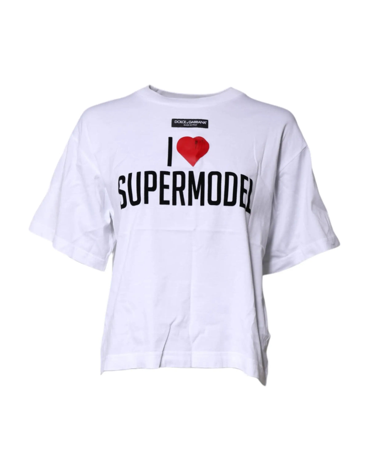Dolce & gabbana t-shirt blanc en coton avec inscription noire i cœur supermodel, manches courtes et ourlet court