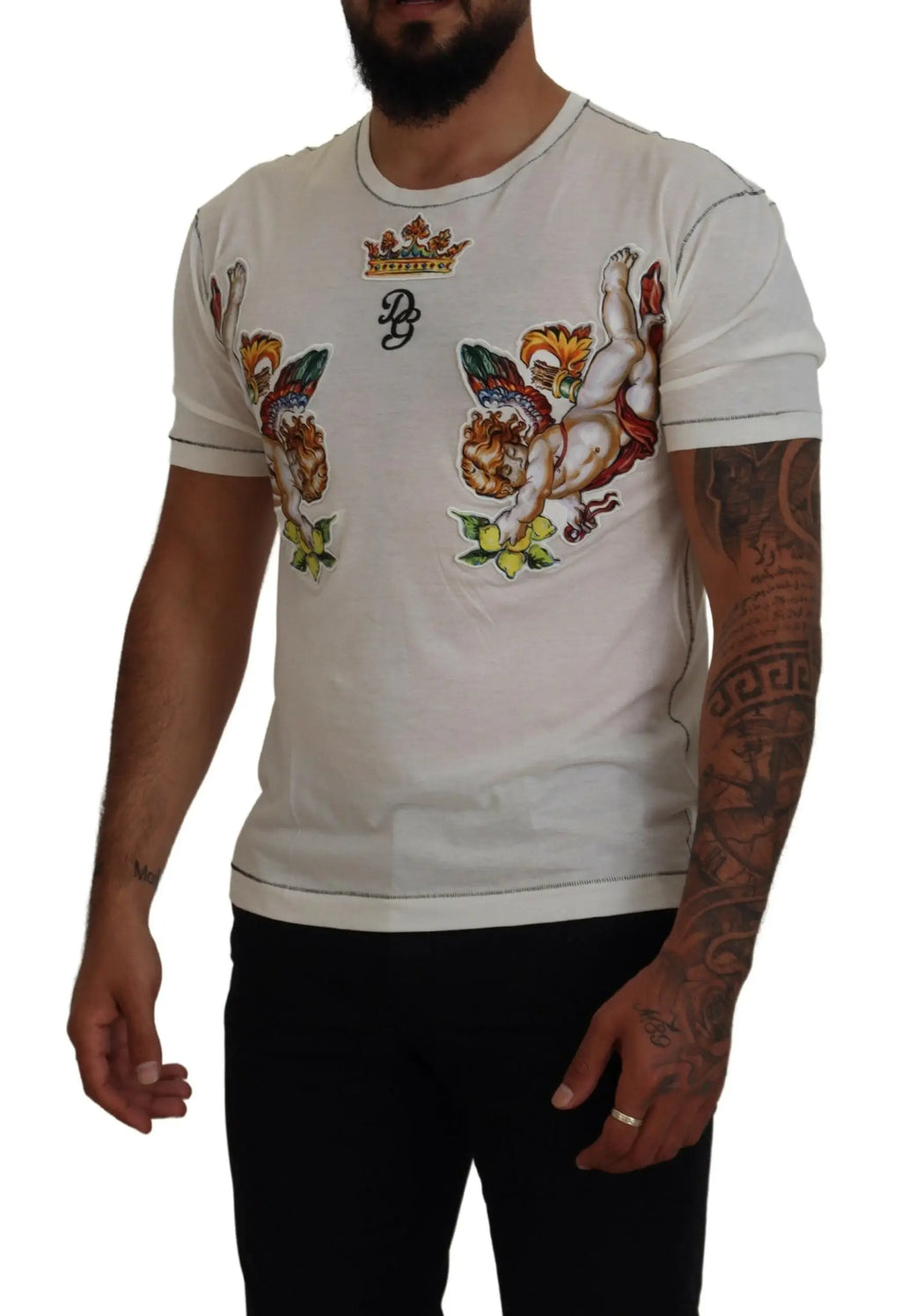 T-shirt homme blanc dolce & gabbana manches courtes avec broderies danges et logo couronne