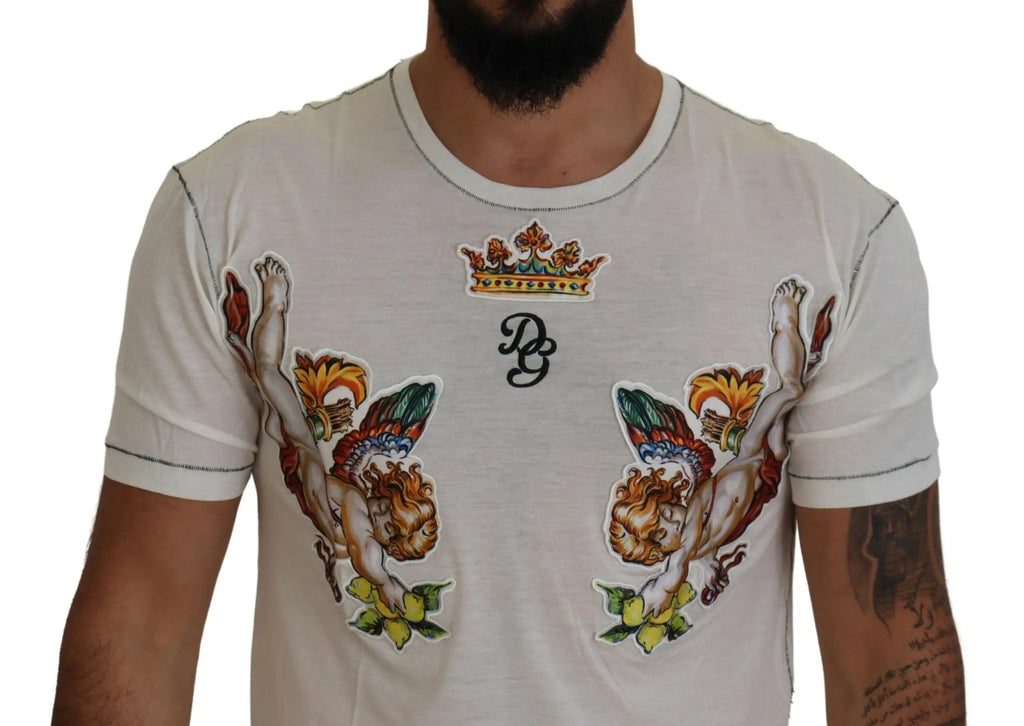 Dolce & gabbana t-shirt homme blanc manches courtes avec illustrations colorées de chérubins et monogramme couronné