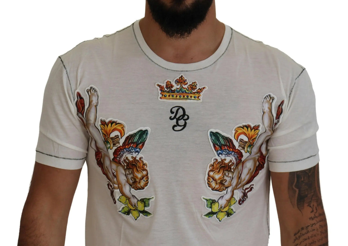 Dolce & gabbana t-shirt homme blanc manches courtes avec illustrations colorées de chérubins et monogramme couronné