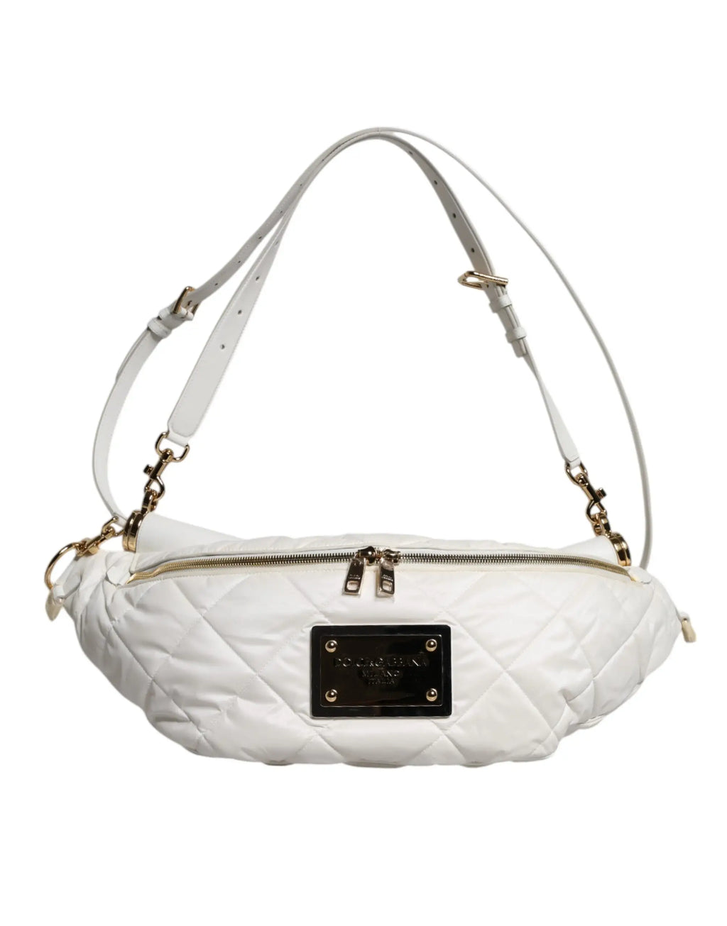 Dolce & gabbana sac banane ceinture en cuir blanc matelassé avec plaque logo métal noir et ferrures dorées