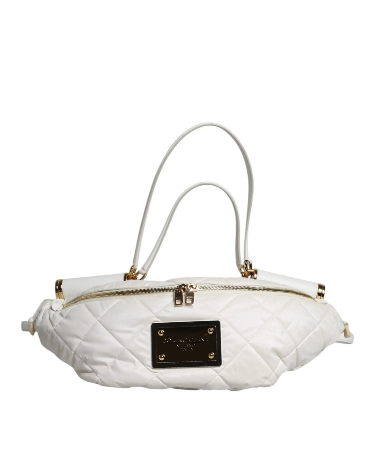 Sac banane dolce & gabbana blanc matelassé avec plaque logo noire et détails métalliques dorés