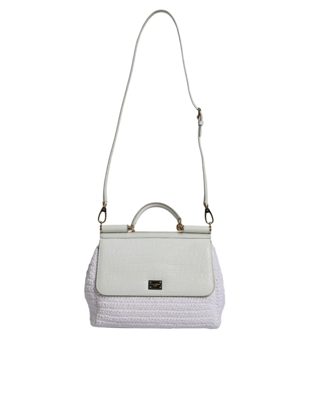 Dolce & gabbana sac bandoulière en cuir et rafia blanc avec poignée supérieure et détails dorés