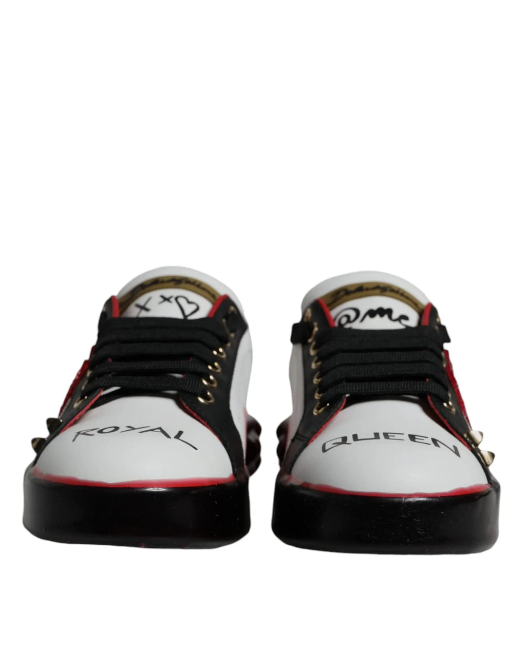 Baskets basses dolce & gabbana blanches en cuir avec accents rouges, œillets dorés et textes royal et queen noirs