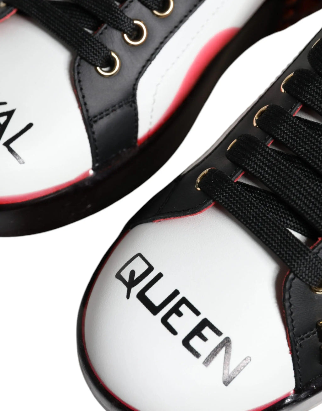 Dolce & gabbana white and black leather high-top sneakers with red accents gold eyelets and queen print