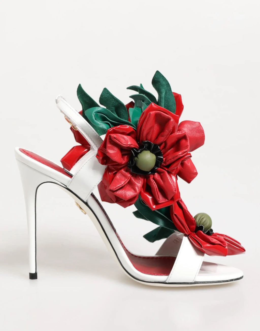 Sandales blanches dolce & gabbana à talons avec fleur en cuir rouge et vert vif