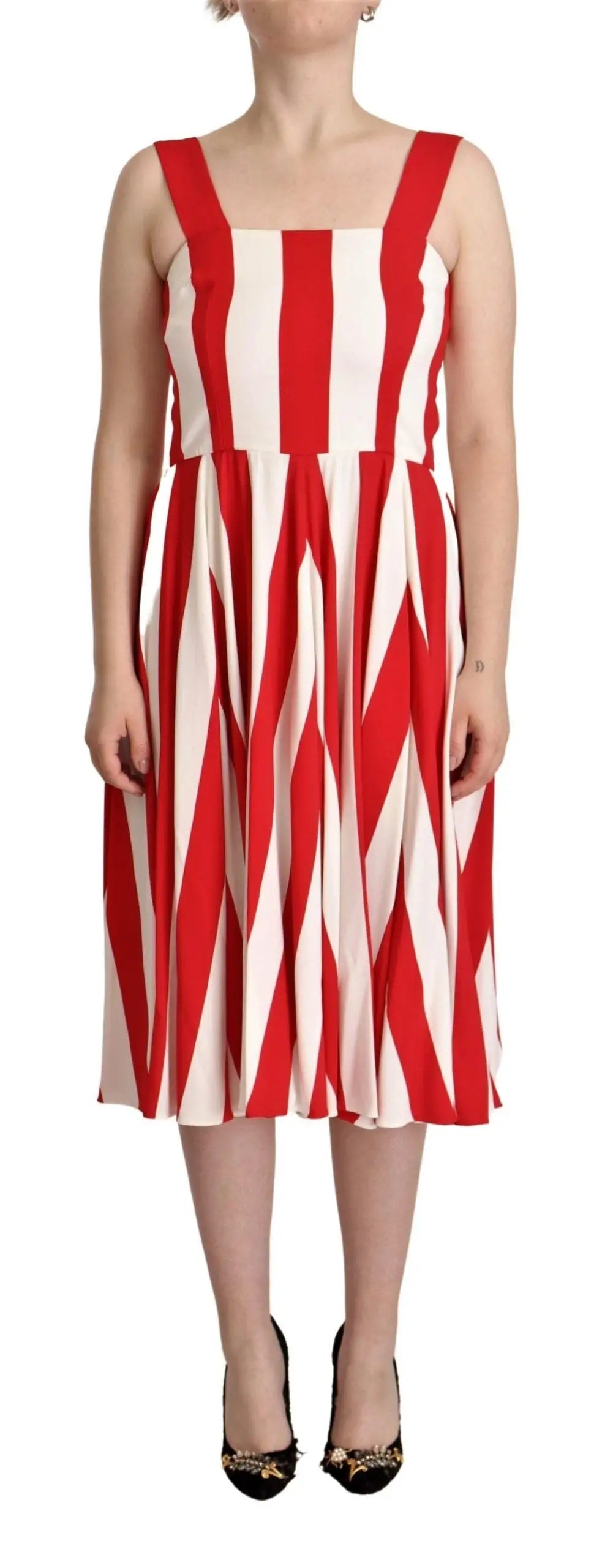 Robe midi sans manches dolce & gabbana rouge et blanche rayée en stretch avec encolure carrée et jupe évasée
