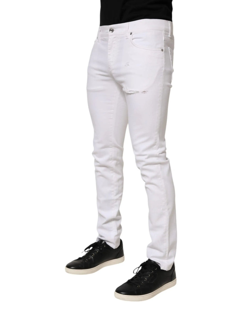 Dolce & gabbana jean slim fit blanc en coton avec déchirure sur la cuisse pour homme