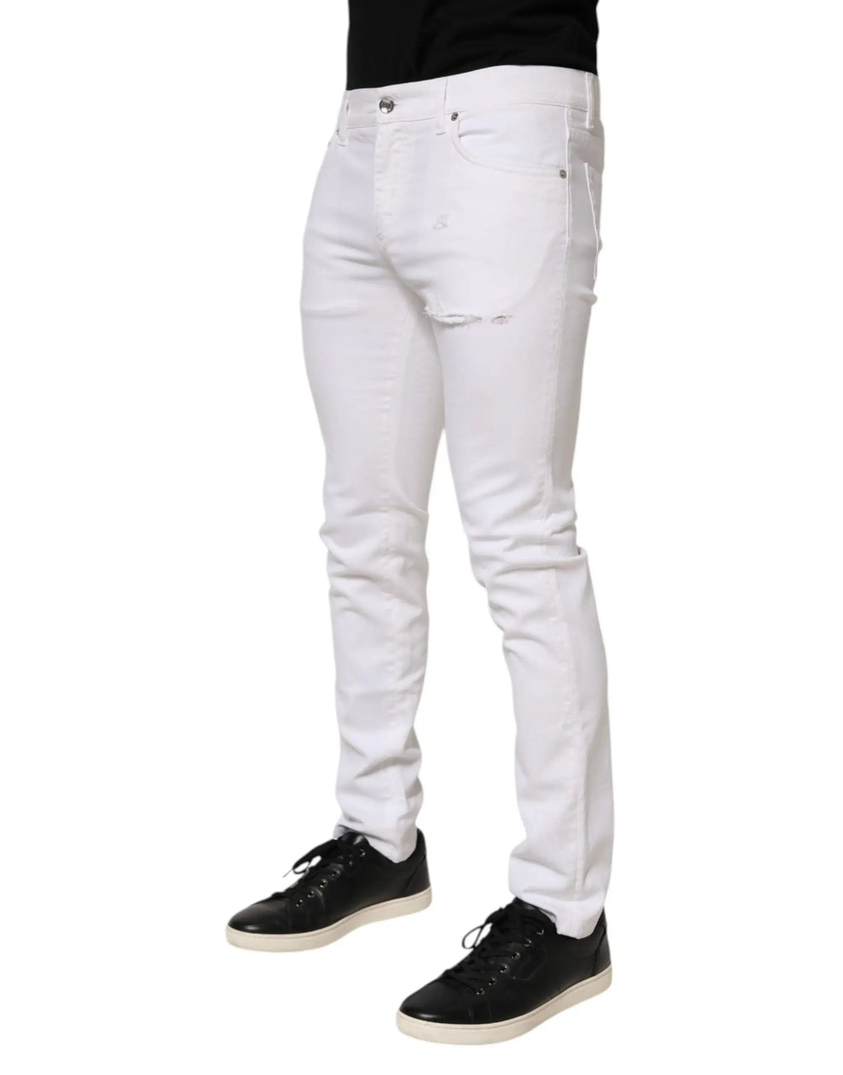 Dolce & gabbana jean slim fit blanc en coton avec déchirure sur la cuisse pour homme