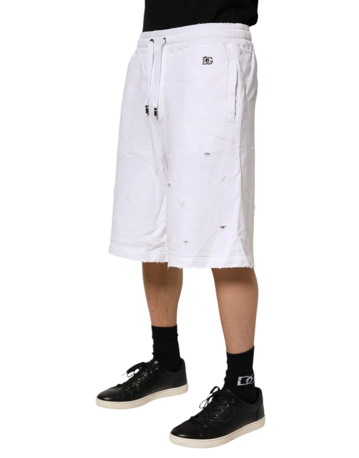 Dolce & gabbana short bermuda blanc mi taille avec texture usée subtile et cordons noirs pour un style casual