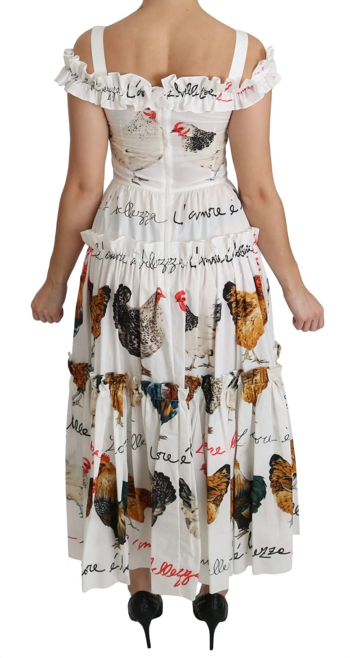 Robe midi blanche dolce & gabbana en coton avec imprimé poulet ludique texte manuscrit et bordure volantée