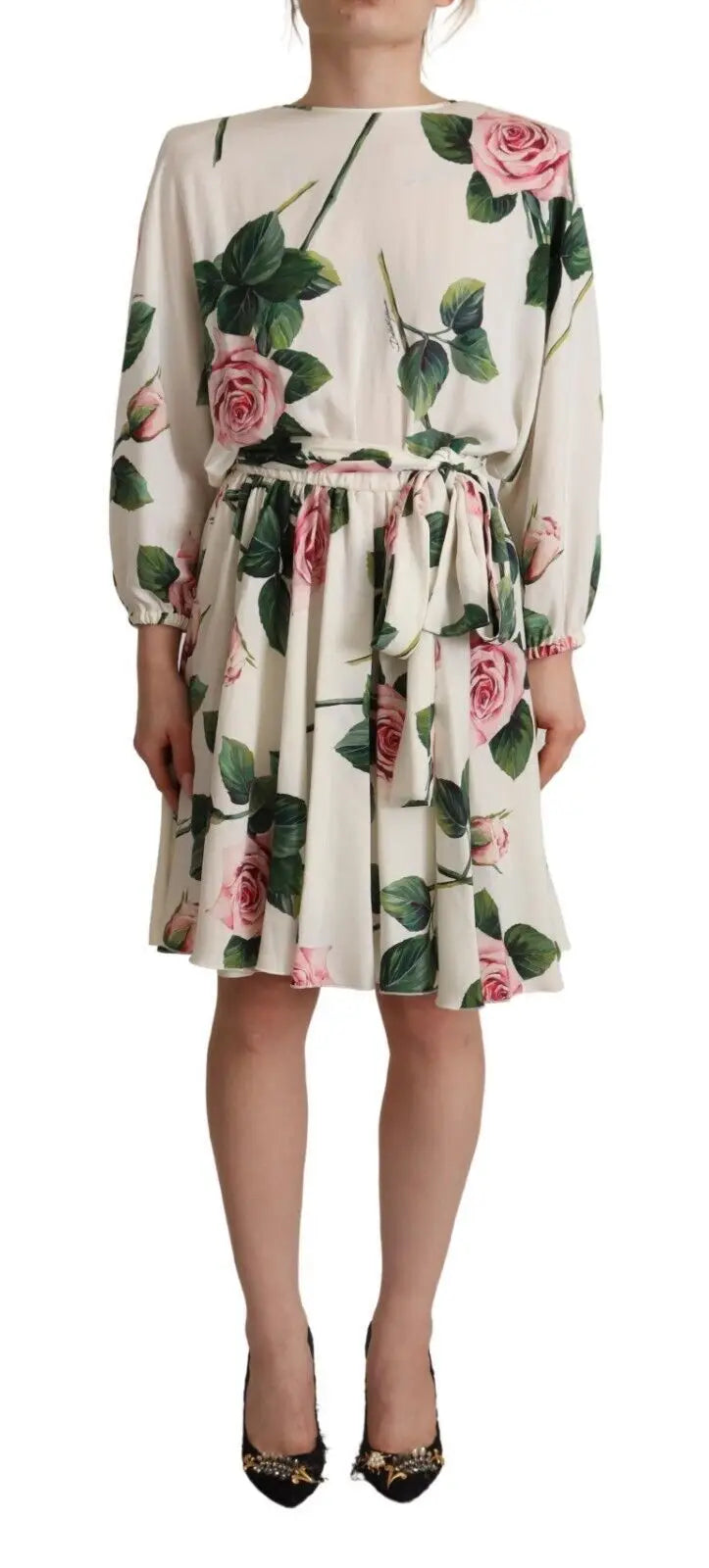 Robe ample dolce & gabbana blanche à imprimé de roses et feuilles vibrantes manches longues taille cintrée
