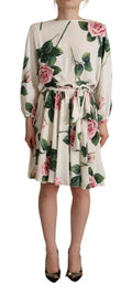 Robe ample dolce & gabbana blanche à imprimé de roses et feuilles vibrantes manches longues taille cintrée