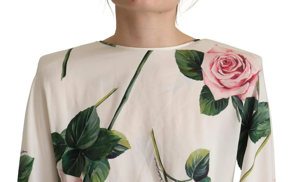 Blouse crème délicate dolce & gabbana avec imprimé rose rose vibrante et feuilles vertes en tissu fluide