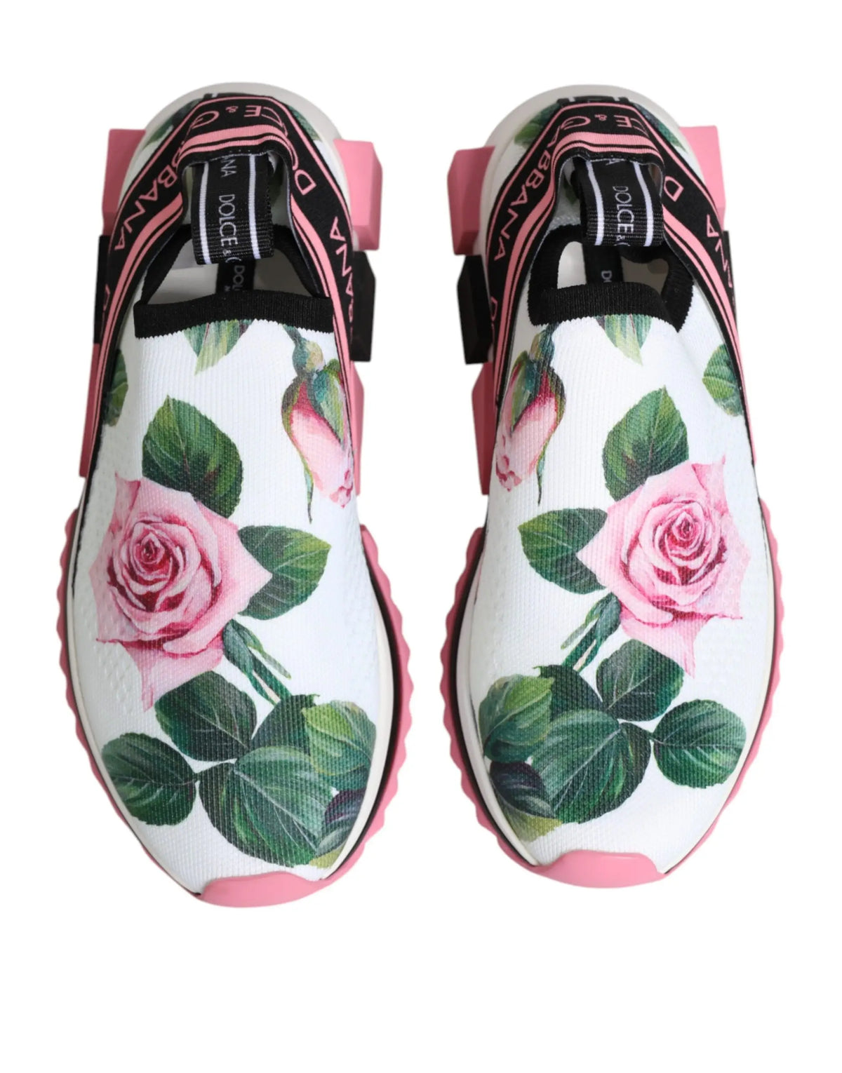 Baskets dolce & gabbana sorrento blanches à enfiler avec imprimé de roses roses et semelles en caoutchouc rose