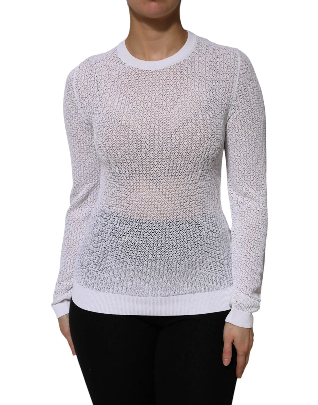 Pull à manches longues blanc dolce gabbana en maille texturée transparente avec poignets et ourlet côtelés