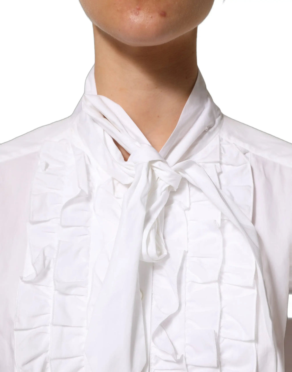 Blouse blanche dolce gabbana à manches longues avec col à nouer et volants en tissu léger