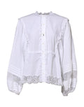 Blouse blanche dolce & gabbana avec dentelle délicate au col, patte avant et ourlet, manches longues à rayures subtiles