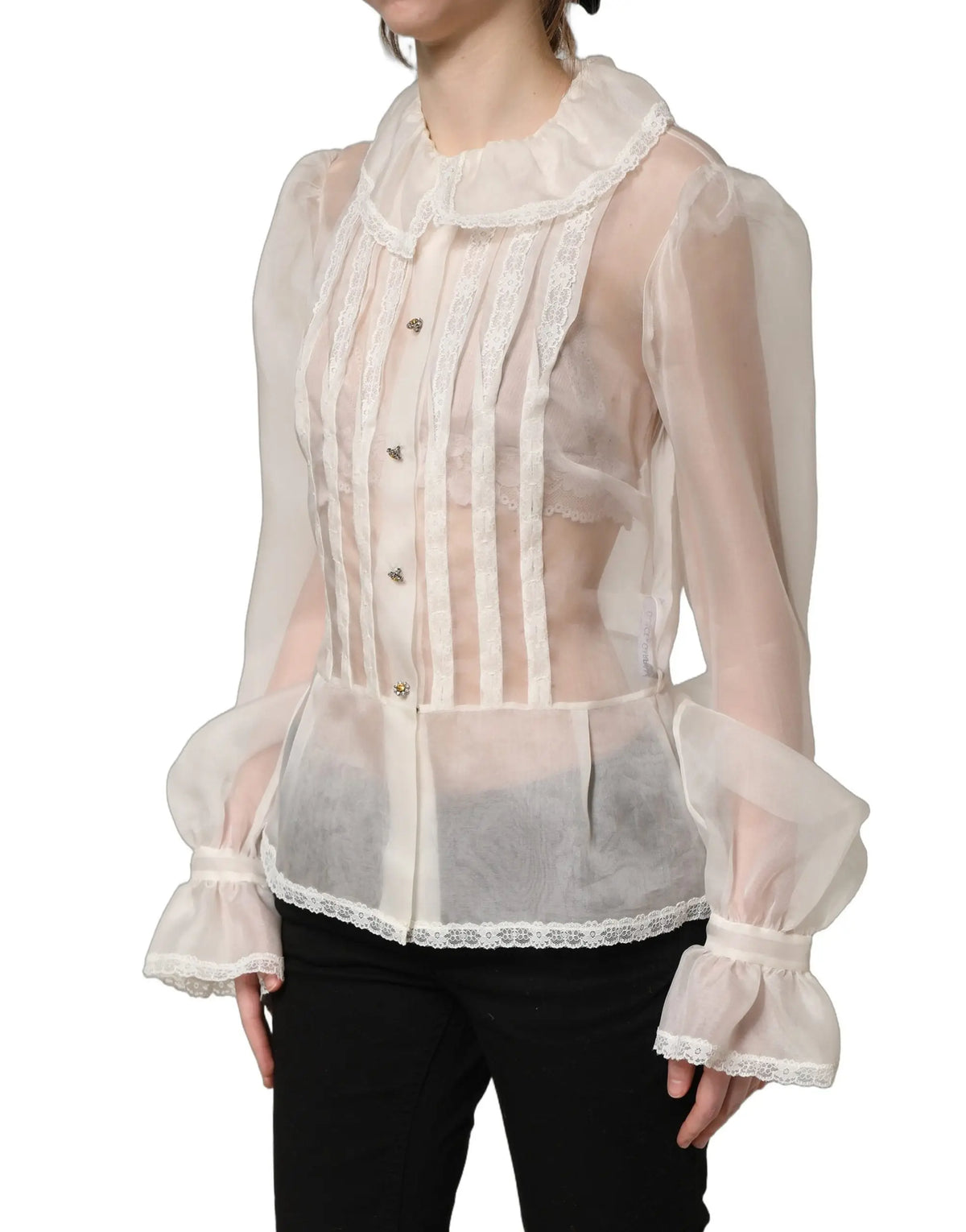 Blouse blanche sheer en soie dolce gabbana avec volants manches longues dentelle col poignets et ourlet
