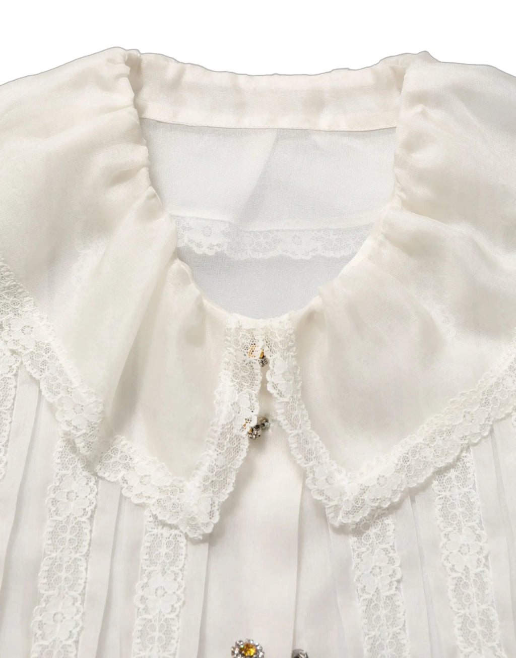 Blouse blanche en soie transparente dolce gabbana avec col volanté volumineux et boutons étincelants