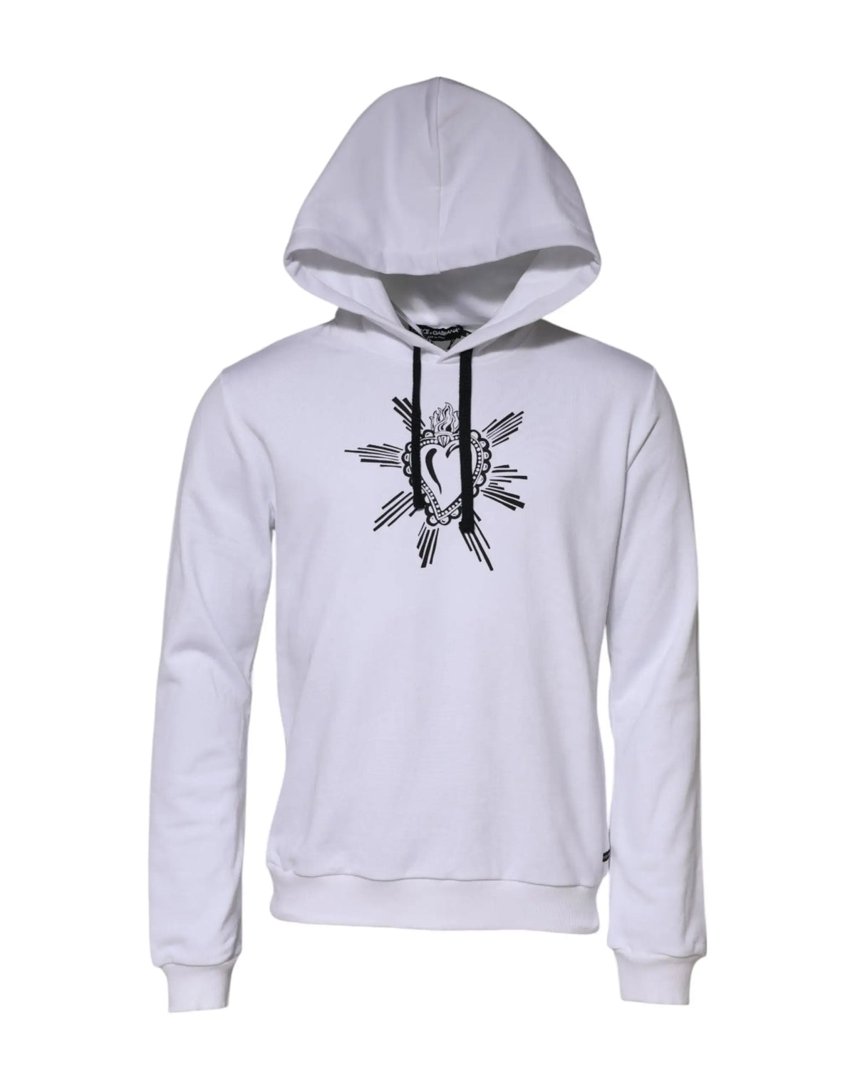 Sweat à capuche blanc dolce & gabbana avec cordons noirs et cœur sacré central entouré de rayons
