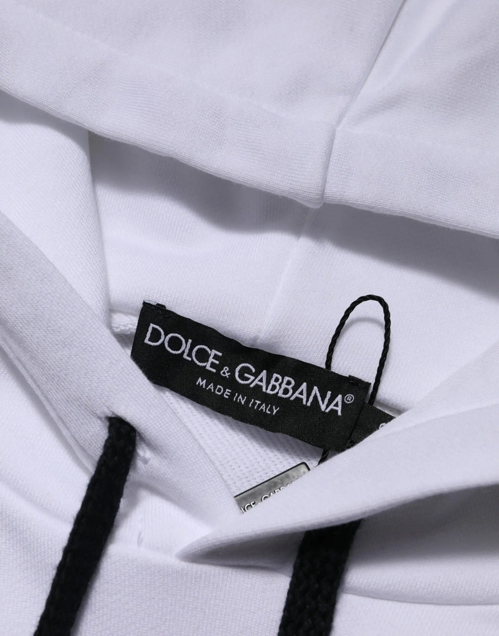 Dolce & gabbana sweat à capuche blanc avec cordons noirs et étiquette made in italy en coton doux