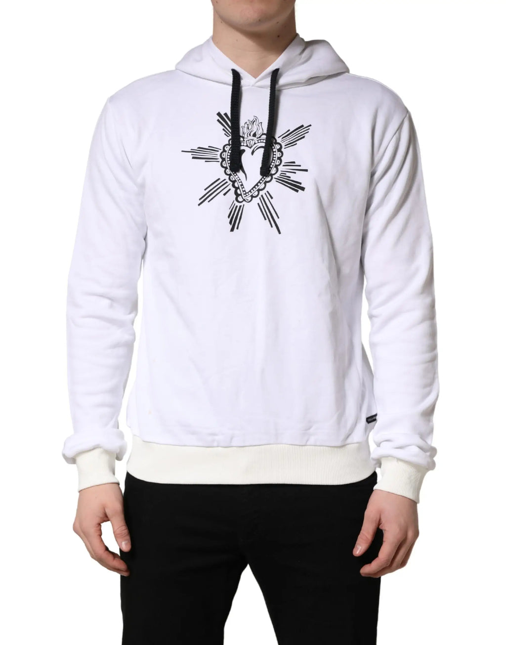 Dolce & gabbana sweat à capuche blanc avec cœur et couronne brodés noirs, poignets et ourlet côtelés