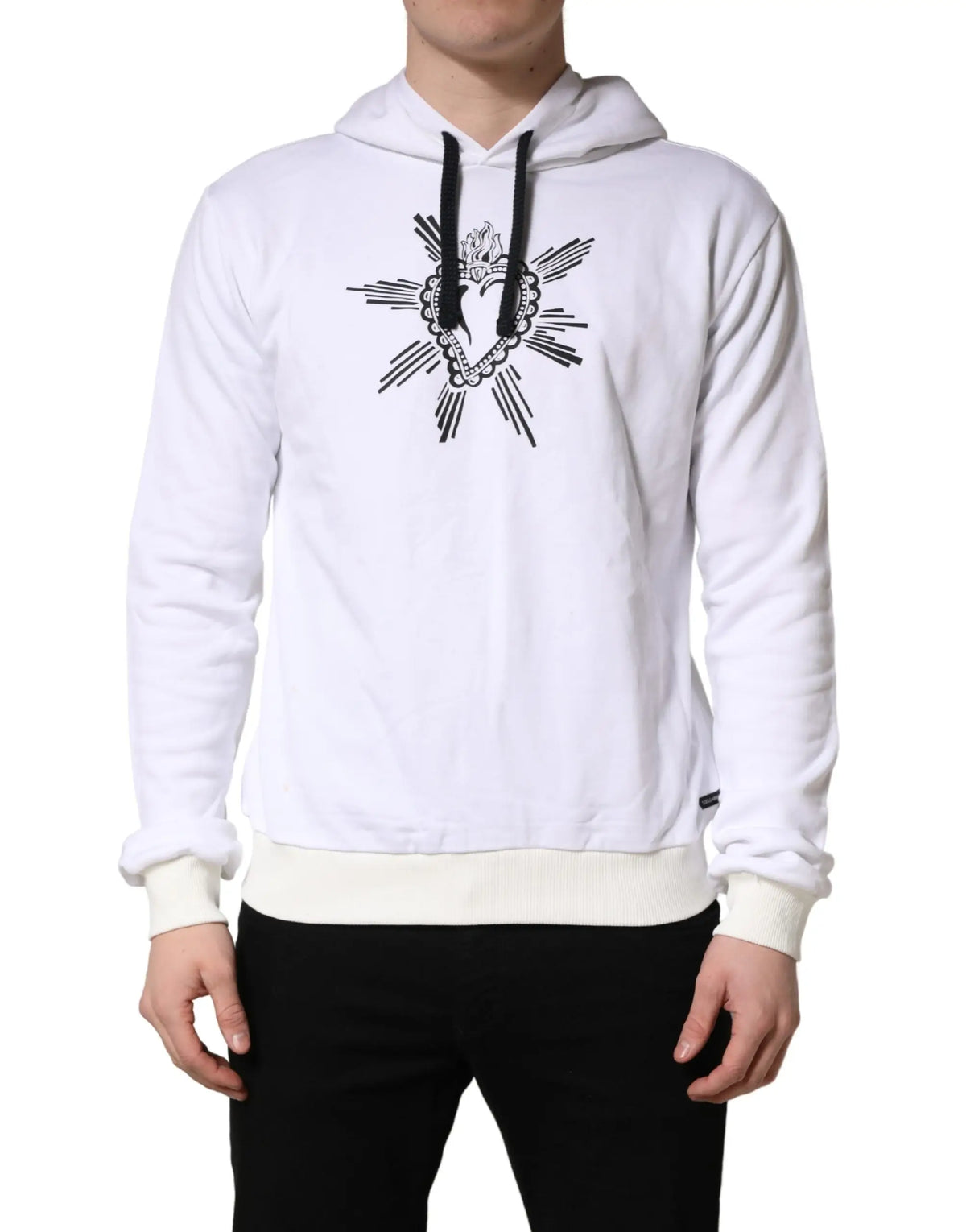 Dolce & gabbana sweat à capuche blanc avec cœur et couronne brodés noirs, poignets et ourlet côtelés