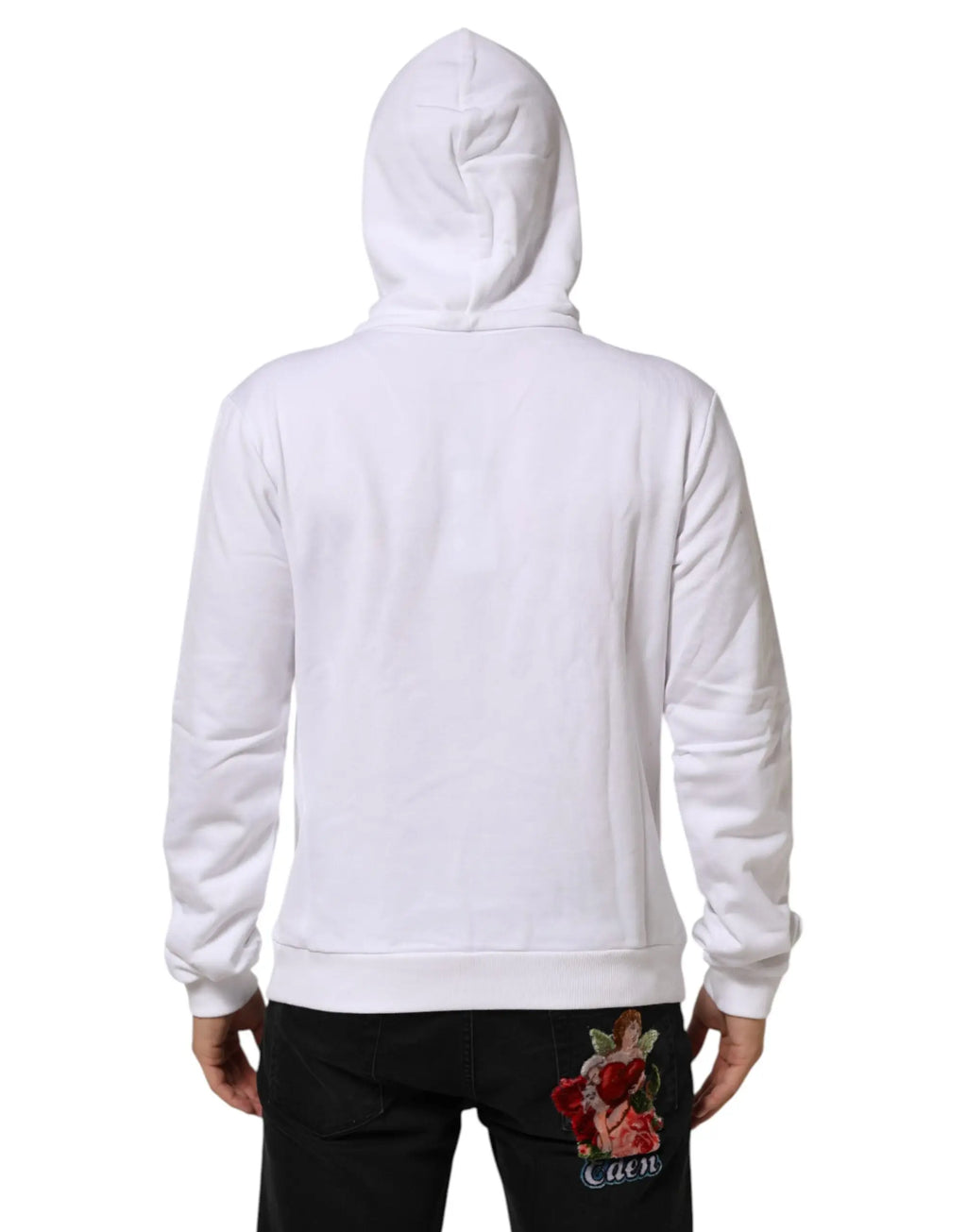 Sweatshirt à capuche blanc dolce & gabbana en tissu texturé avec broderie rose rouge au bas du dos