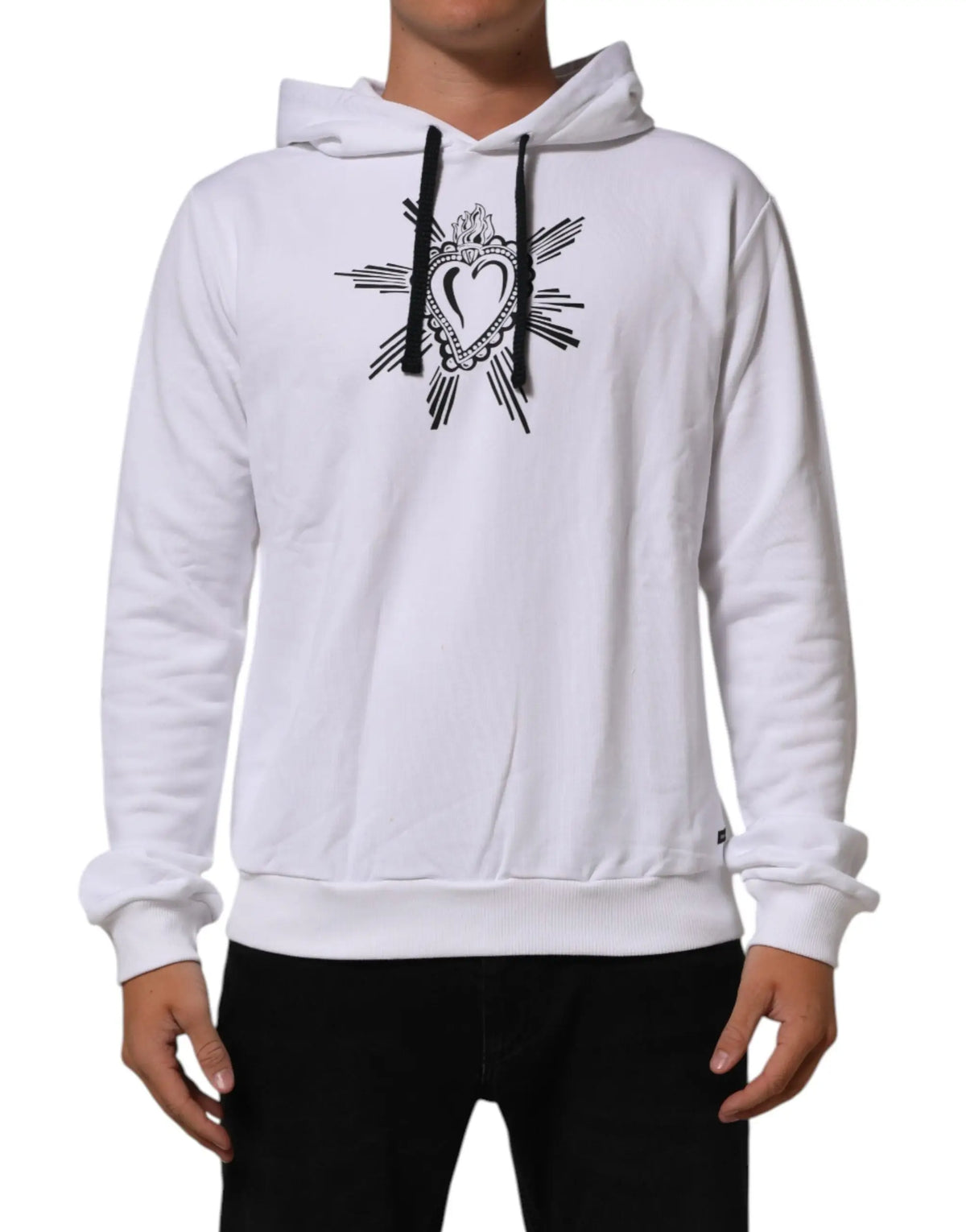 Dolce gabbana sweat à capuche blanc avec cordons noirs et graphisme coeur sacré noir détaillé sur la poitrine