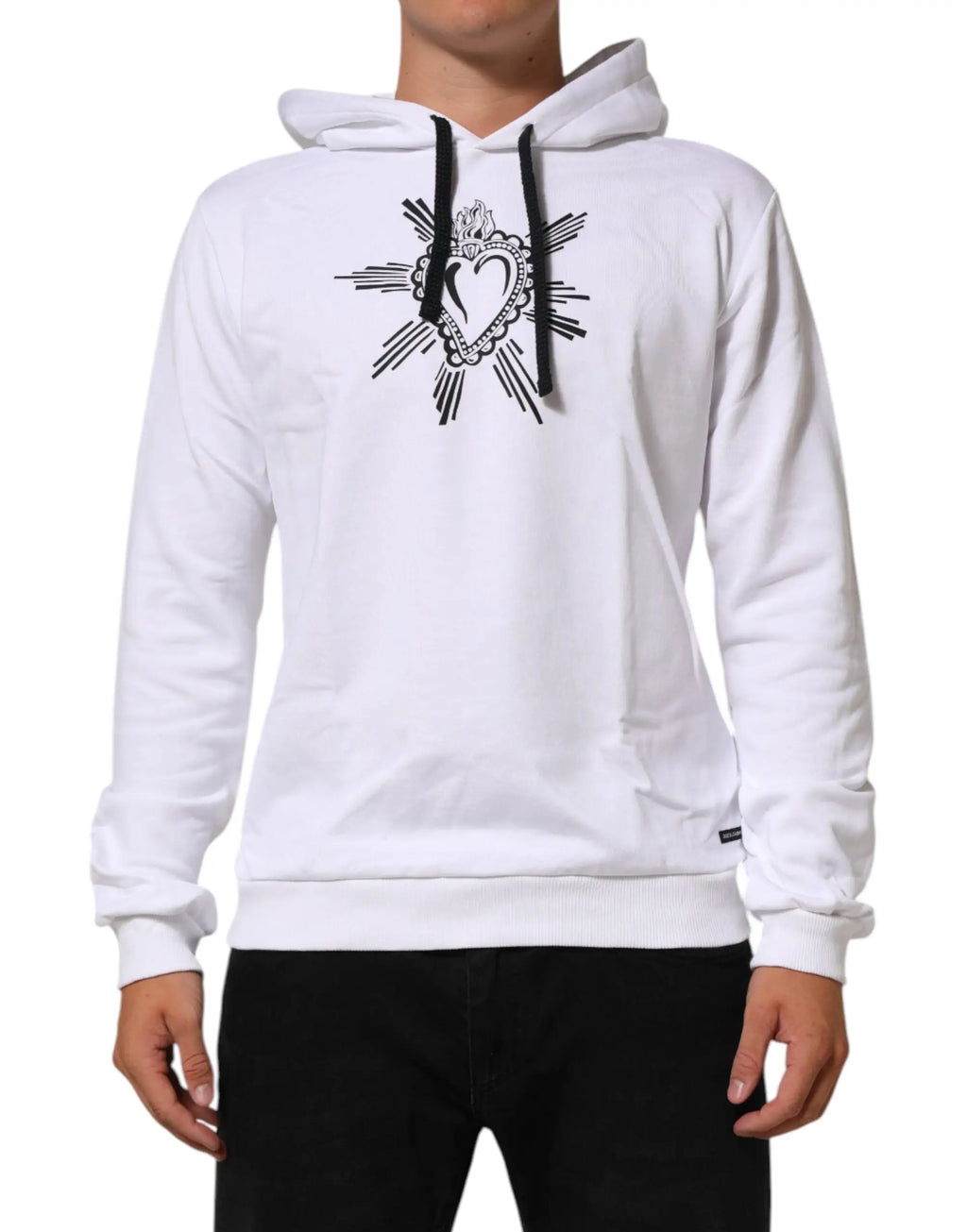 Sweat à capuche blanc dolce & gabbana avec cordons noirs et grand cœur couronné noir sur la poitrine