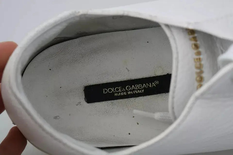 Baskets homme dolce gabbana saint tropez blanches en cuir avec surpiqûres dorées et étiquette intérieure noire