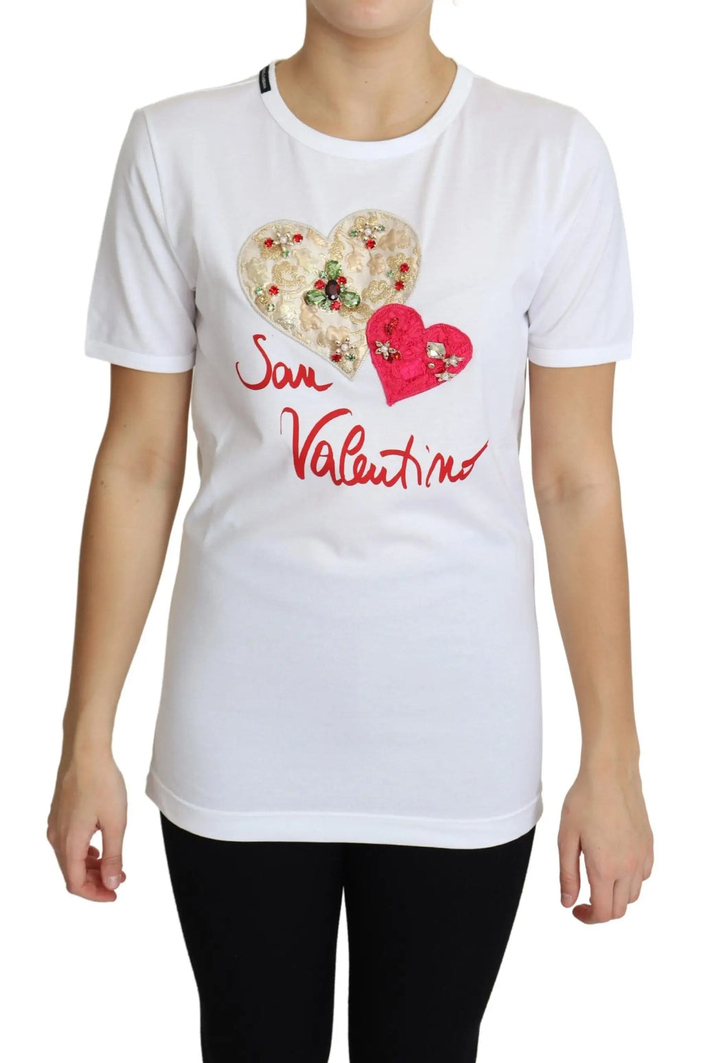 T-shirt blanc dolce & gabbana san valentino avec cœurs brodés en sequins et lettrage rouge en script