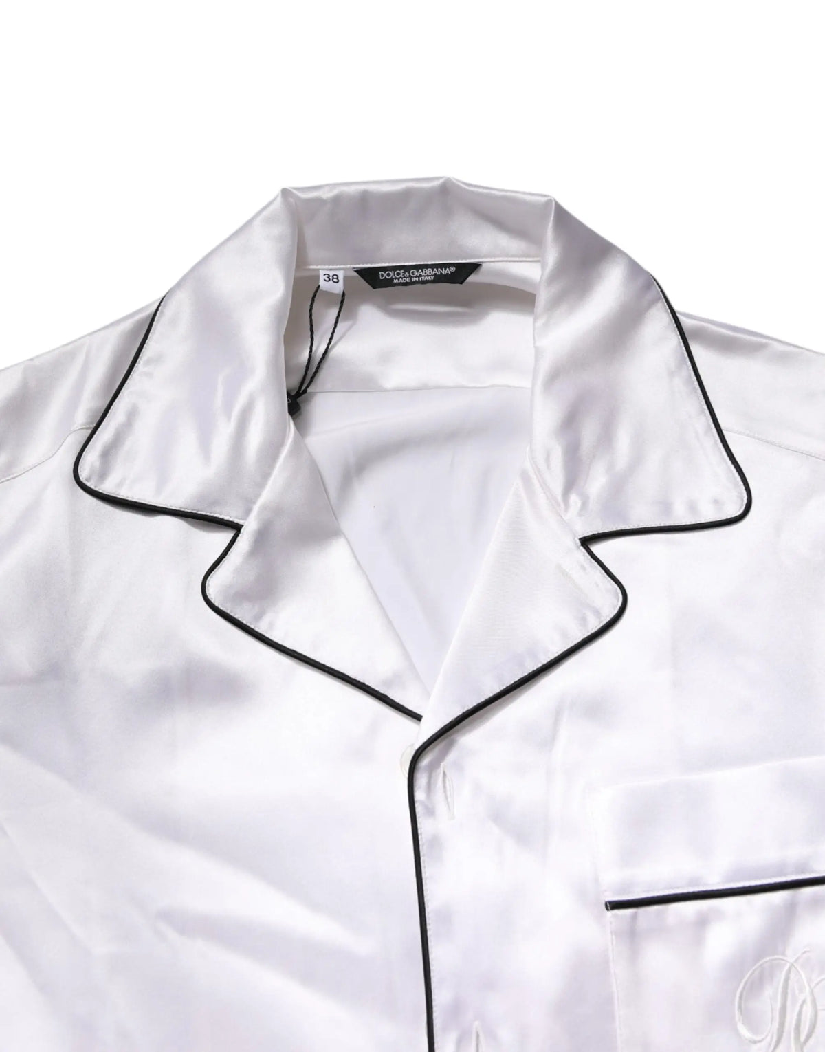 Dolce & gabbana pyjama homme en satin de soie blanc avec passepoil noir col et patte de boutonnage