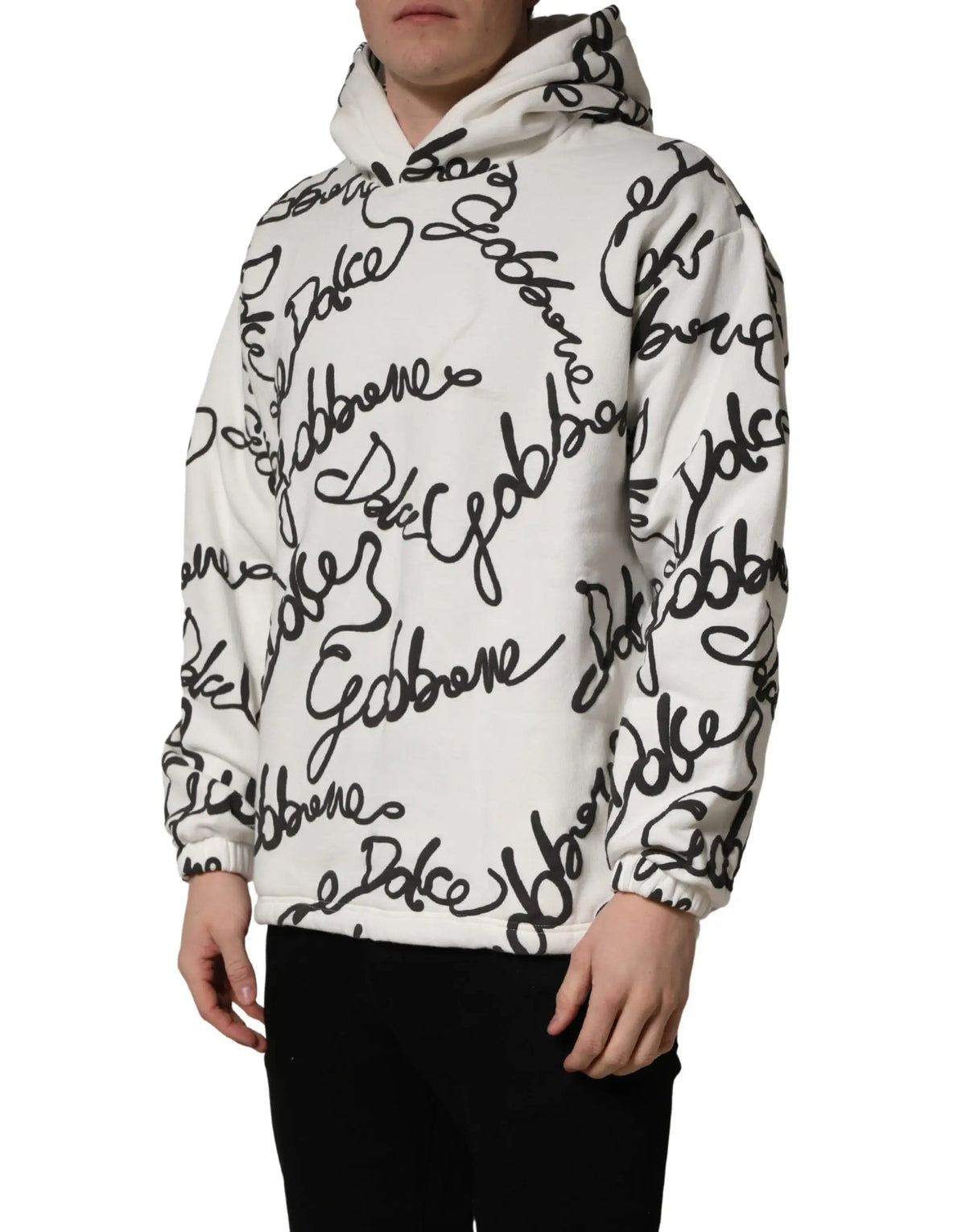 Dolce & gabbana sweat à capuche blanc en coton avec logo noir en écriture cursive