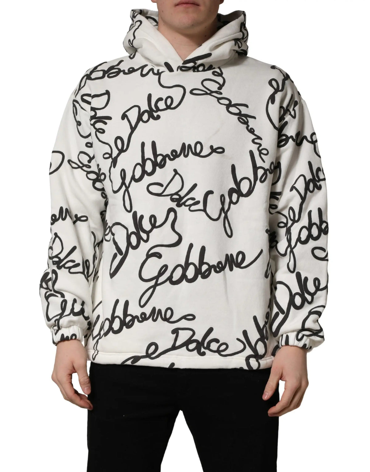 Sweatshirt dolce & gabbana blanc en coton avec logo script noir cursif sur le devant et les manches