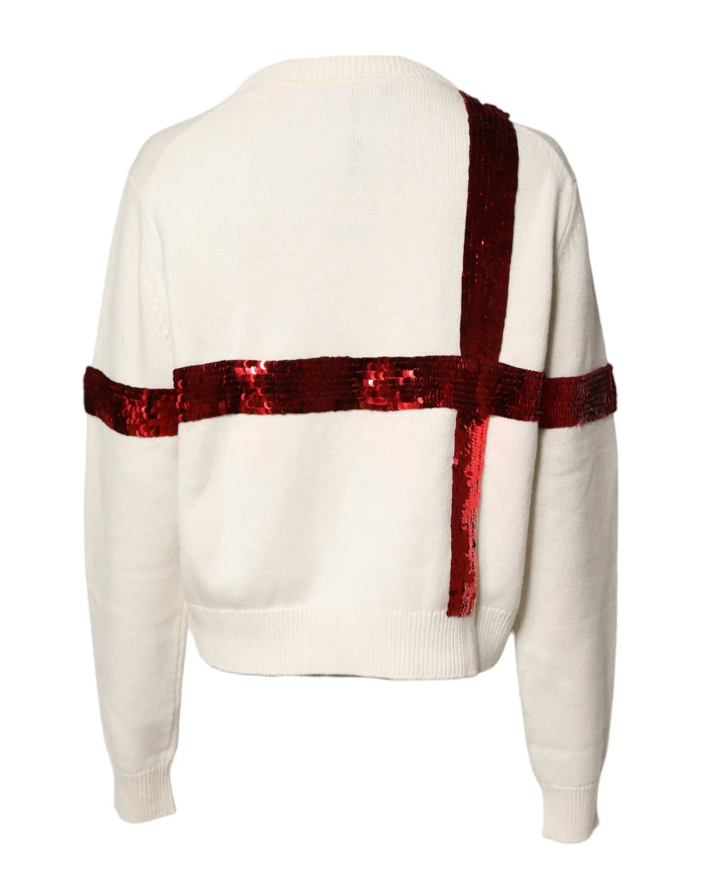 Dos du pull dolce & gabbana en maille crème avec rayures croisées rouges sequins étincelants