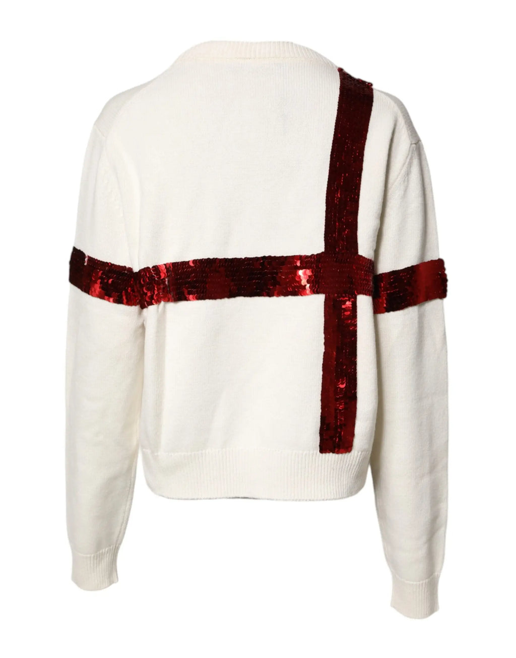Pull en maille crème dolce & gabbana avec grandes rayures rouges à sequins en forme de croix vue de dos