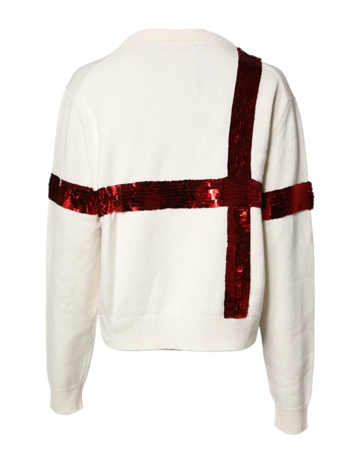 Pull en maille crème dolce & gabbana avec grandes rayures rouges à sequins en forme de croix vue de dos