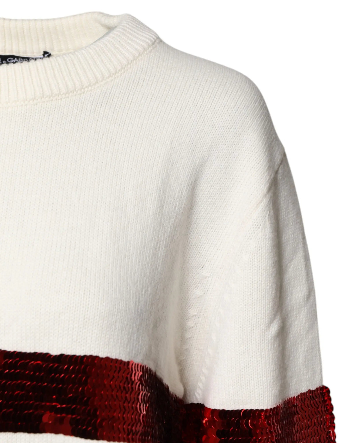Pull en maille crème dolce & gabbana avec bande horizontale rouge foncé à sequins sur le bas du torse