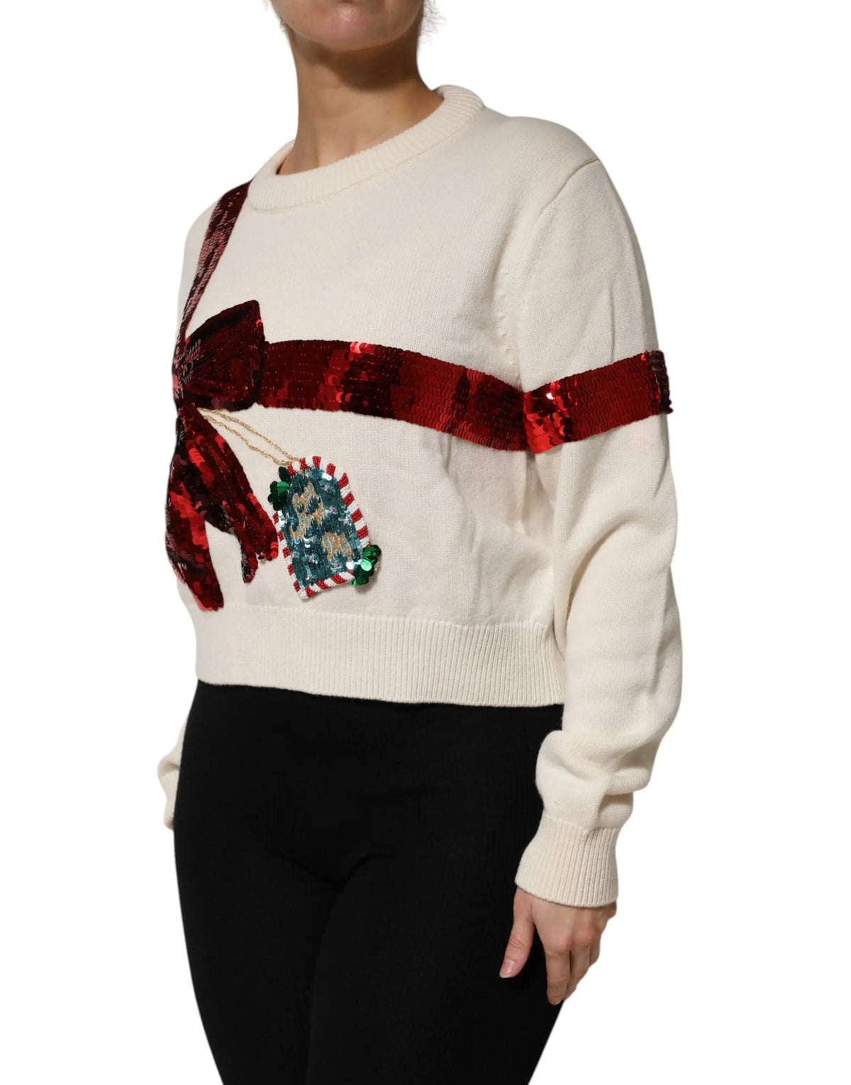 Pull en maille crème dolce & gabbana avec nœud rouge sequins et appliqué ornement festif