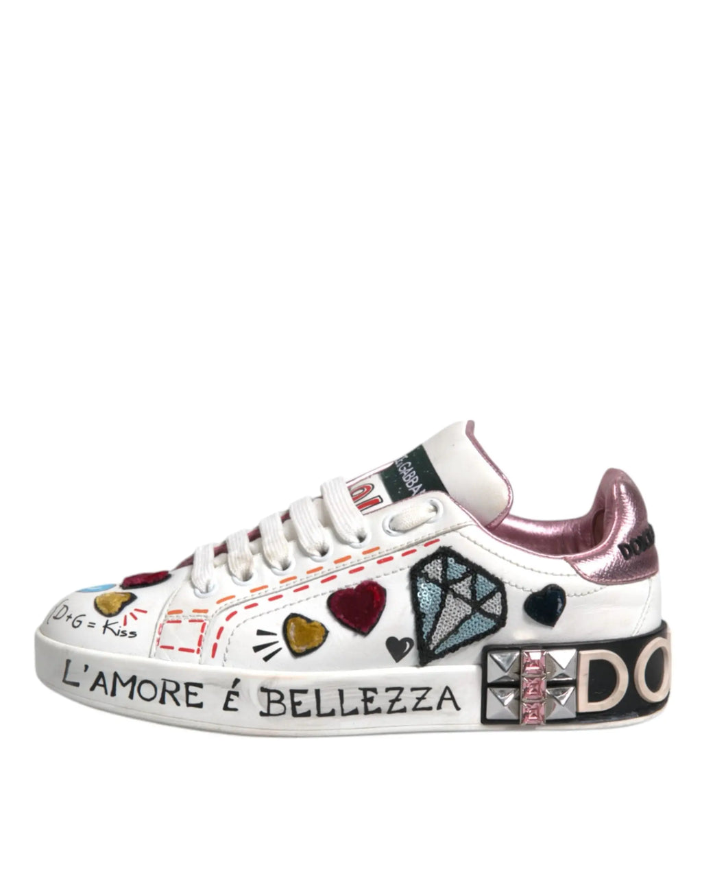 Baskets basses dolce & gabbana blanches en sequins ornées de coeurs colorés et phrase l’amore é bellezza