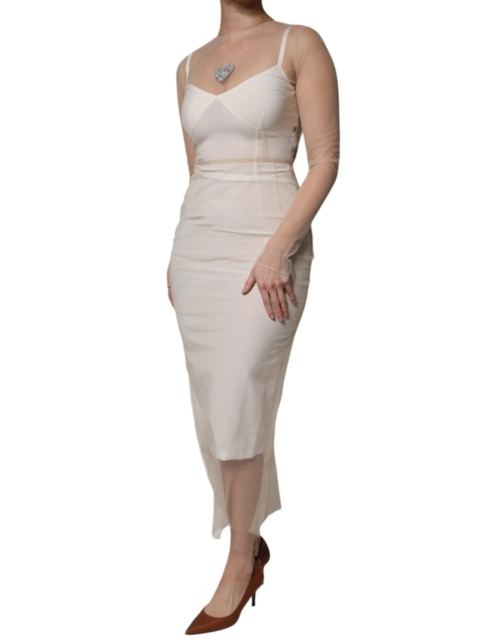 Robe midi dolce & gabbana en satin blanc cassé avec bretelles fines et silhouette ajustée bustier en tulle transparent