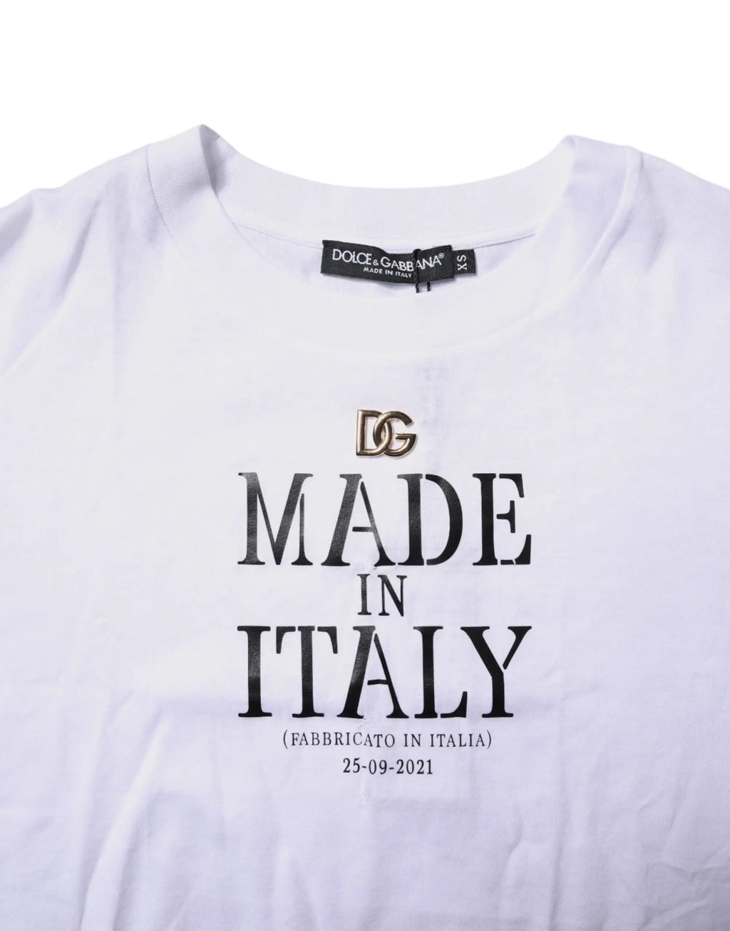 Dolce & gabbana t-shirt blanc à manches courtes avec logo dg doré et inscription noire made in italy